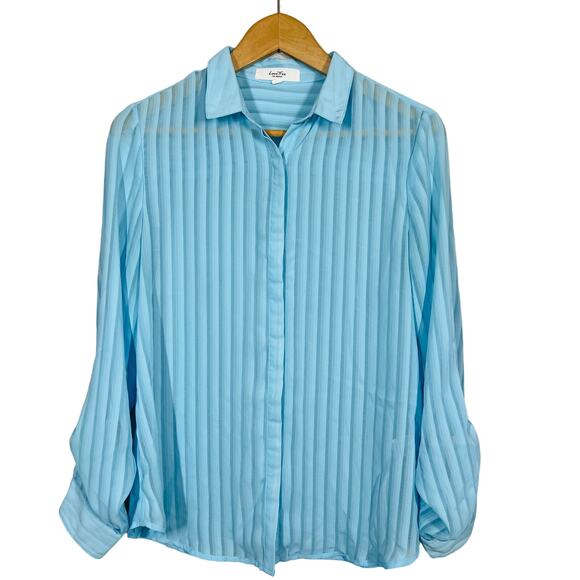 Love Tree LA Semi Sheer Blouse Button Up Shirt Top Blue Long Sleeve - M - Picture 1 of 5
